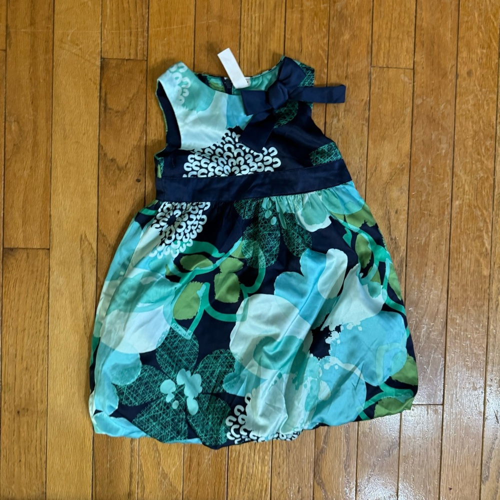 Blue & Green Floral / Flower Dress with Bow and Ribbon 2T